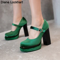 Velvet Block Heel Platform Pumps Women Green Mary Janes Shoes for Woman high heels female Luxurious Party Chaussures