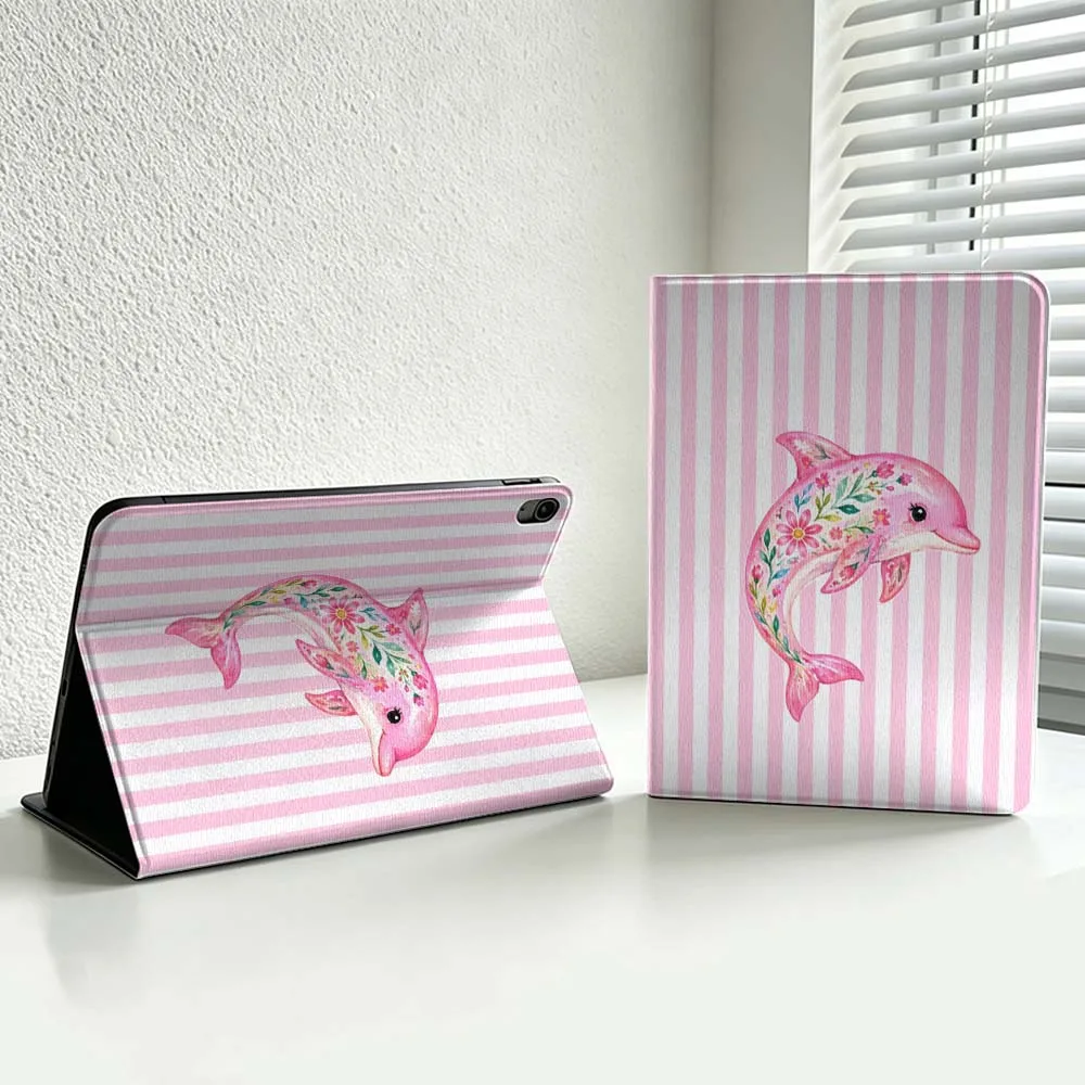 Pink Striped Dolphin Turtle For iPad Pro Air mini 7 6 5 4 3 2 1 9gen M5 M4 11th 10th A17 Pro A16 Soft Inch Tablet Case Cover