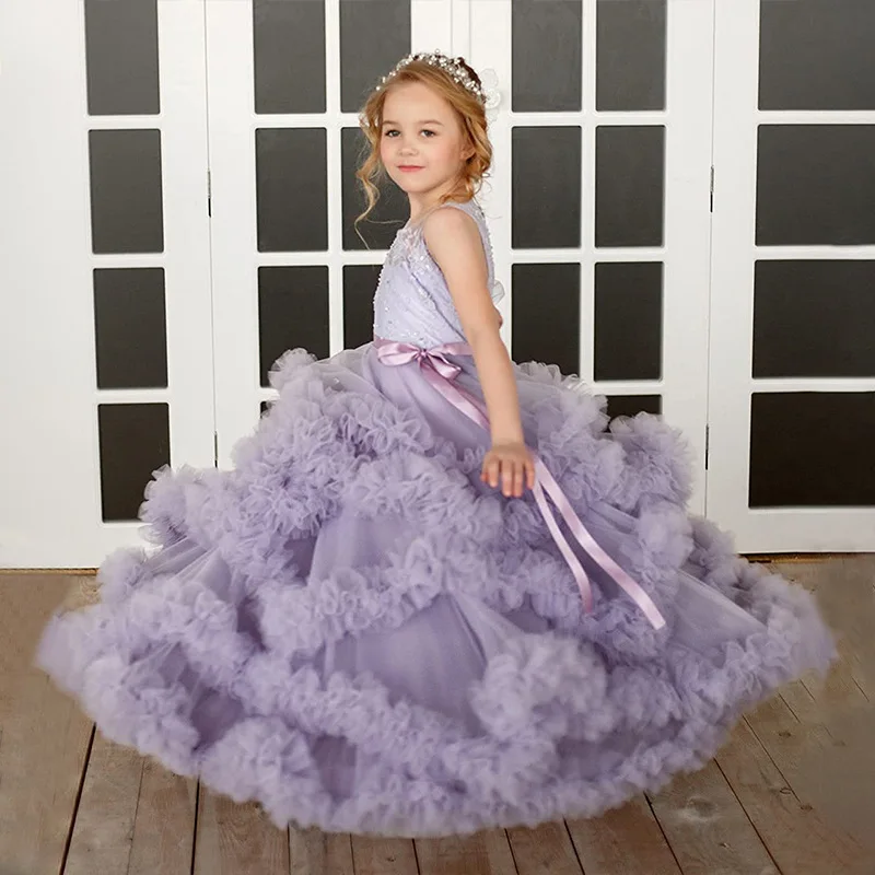 Tiered Ruffles Wedding Flower Girl Dress Sleeveless Performance Birthday Party Gown Lace Princess 1st Communion Dress Cake Tutu