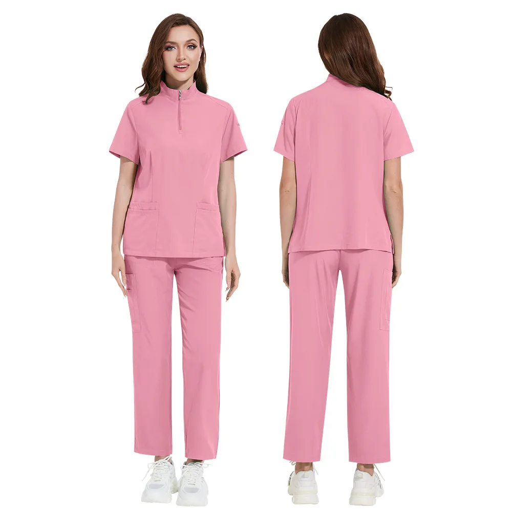 Damski zestaw medyczny z kieszeniami, uniform chirurgiczny szpitalny, odzież robocza dla pielęgniarek w salonach kosmetycznych, proste spodnie i bluzka.