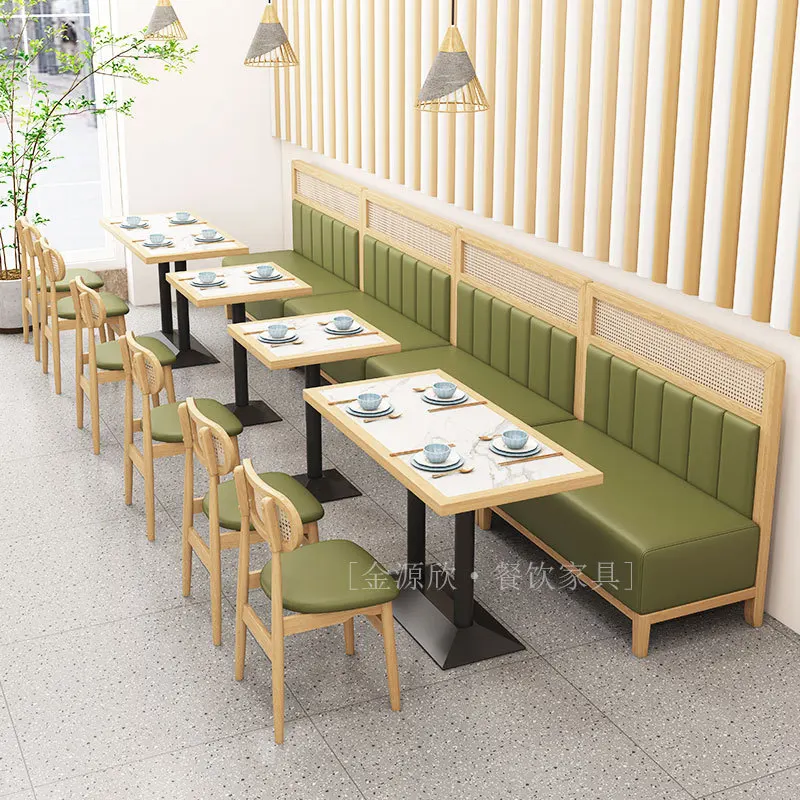 Customized theme restaurant Solid wood tables and chairs Braided rattan against the wall Card seat Sofa tables and chairs Milk t