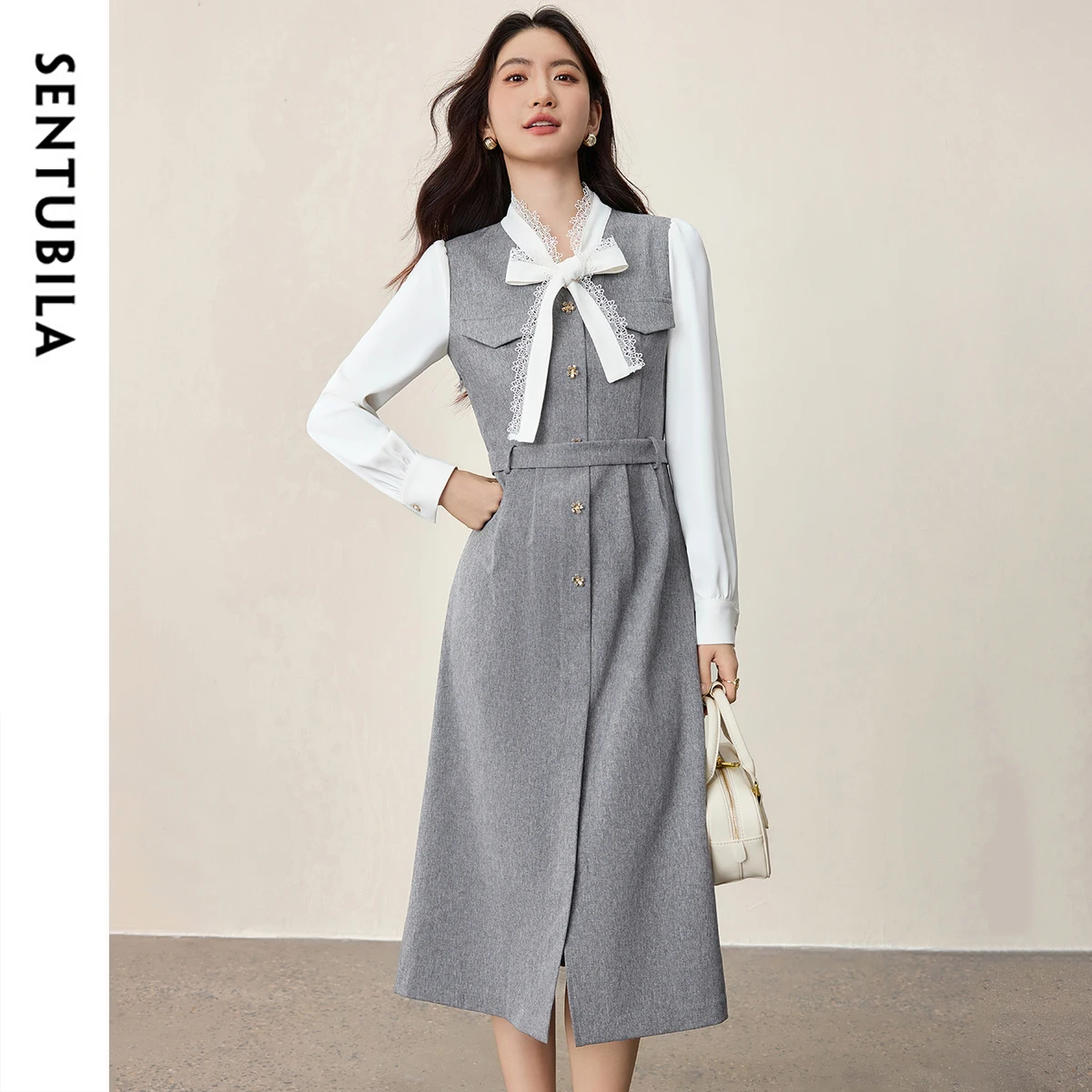 

SENTUBILA Patchwork Lace Dress Women's 2025 Autumn Newarrival Lace Tie Collar A-line Dress Removable Waist Belt 153LI2742