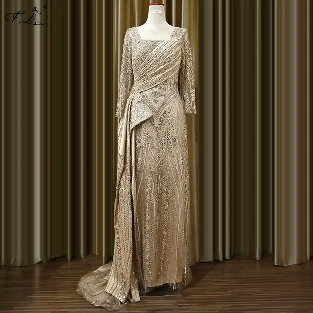 Long Sleeve Evening Gown With Beaded Sequins Khaki Square Neck Pleated Straight Dress Train Formal Dress Bride's Mother's Dress