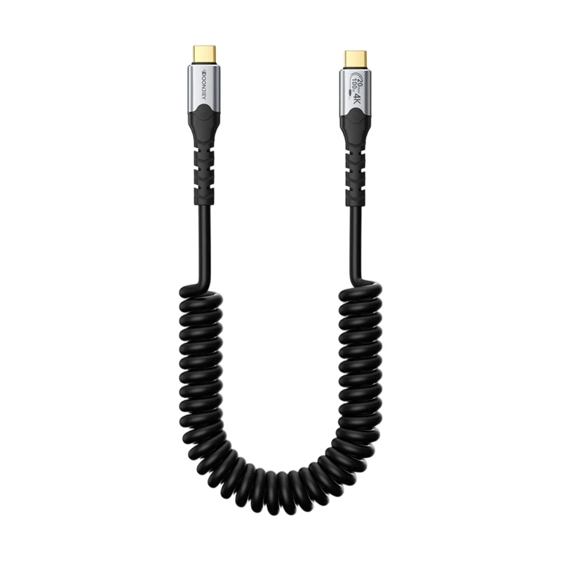 Type C Coiled Data Cable 100W 20Gbps, 60Hz Video Output, 2 M Spring Wire with Bend Relief for Desk Travel Tasks Y3ND