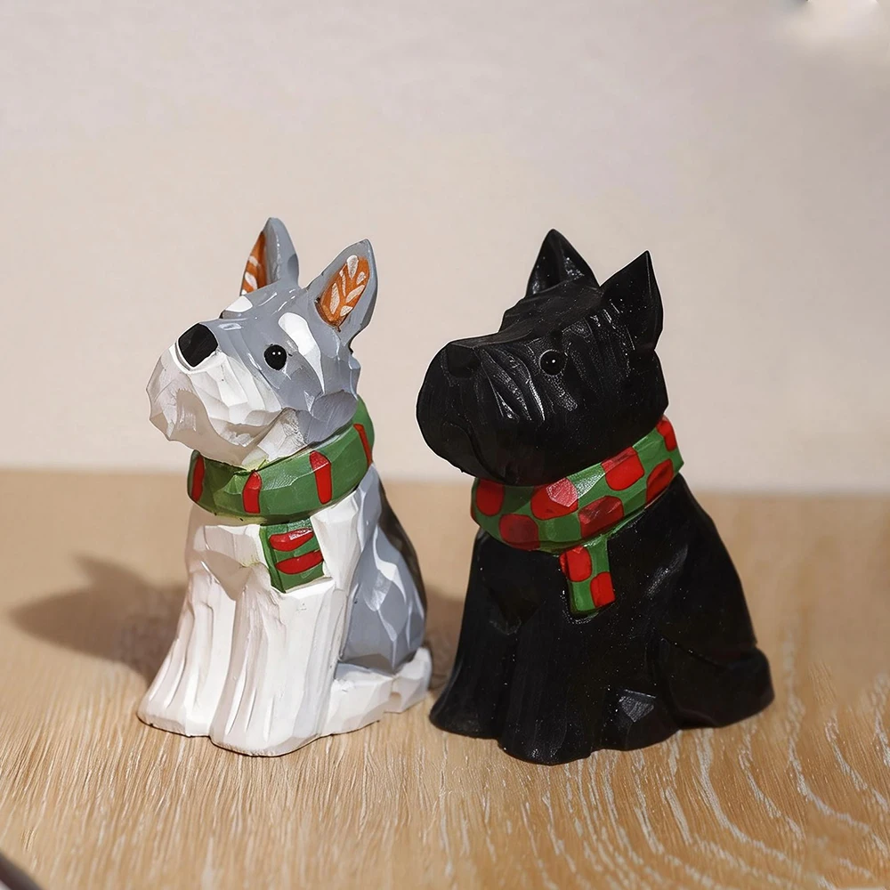 Dog Animal Figurines Handmade Wooden Schnauzer Figurine Desk Accessories Statue Art Sculpture Ornaments Home Puppy Decor Gift