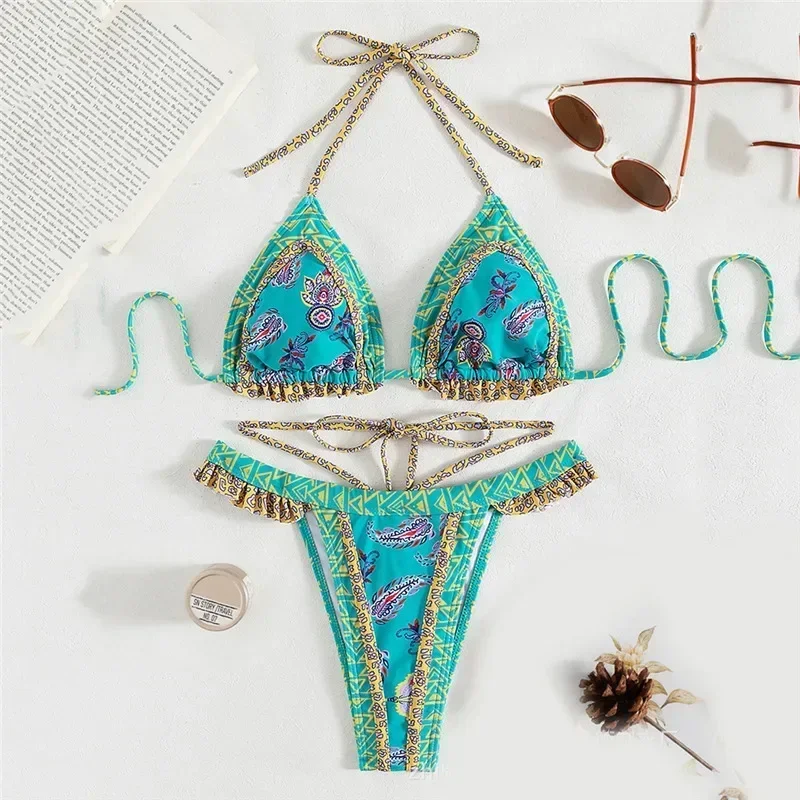 

Sexy Floral Print String Halter Triangle Bikinis Set Muejr Micro Thong Swimsuits Swimwear Women Ruffled Bathing Suit Biquinis