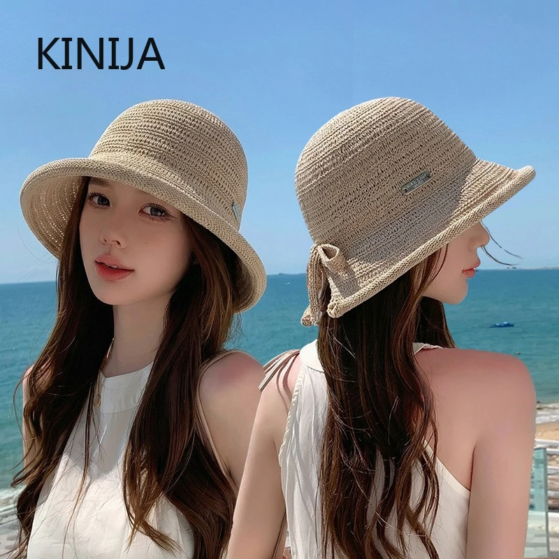 Sommerlicher japanischer gestrickter Hohlstrick-Fischerhut für Damen – atmungsaktiver Sonnenschutz-Bucket Hat, vielseitiger, modischer Reise- und Strandhut