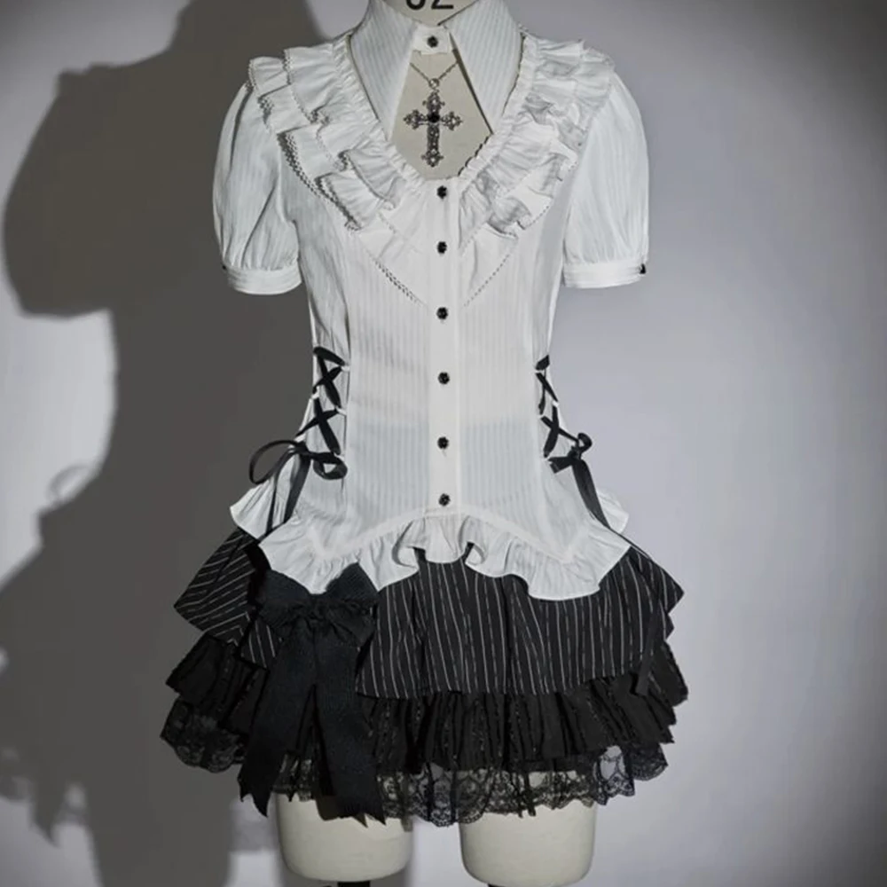 Gothic Grunge Women's Skirt Set Retro Ruffle Lace Up Shirt Top+Black Lace Skirt Two Piece Set Street Style Punk Y2K Set Group