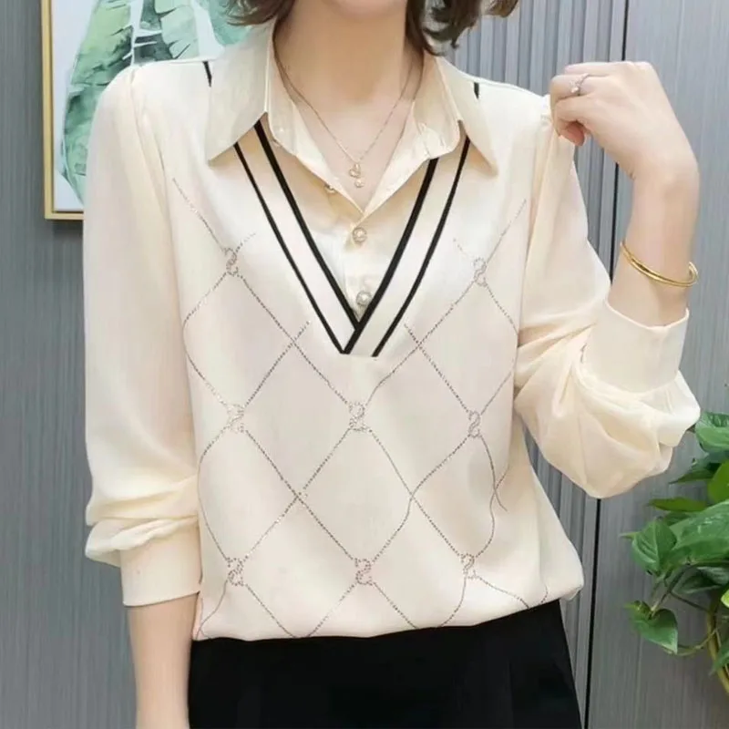 Simplicity Fashion Diamonds Spliced Polo-Neck T-shirt Women's Clothing Casual Loose Fake Two Pieces Long Sleeve Tops for Female