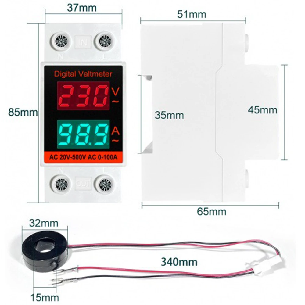 

2 in 1 Din Rail AC Monitor Single Phase Voltage Current Power Meter Voltmeter Ammeter AC20-500V AC0-100A VOLT AMP Detector