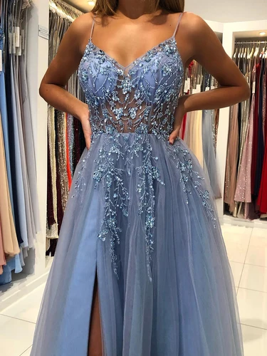 Imagen 2 del producto MisShow-vestidos de noche con tirantes, vestido de graduación con cuello en V, corte en A, vestidos con abertura alta, tirantes finos sexys, apliques de lentejuelas de ilusión