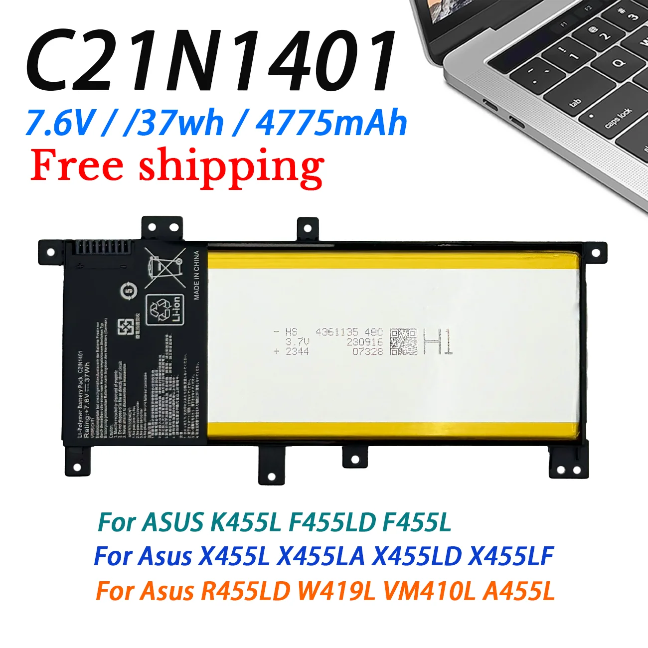 C21N1401 Laptop Battery For Asus K455L  F455LD X455LD X455LN Y483L R455L R455LD W419L VM410L A455L A455LN A455LD F454L 7.6V 37Wh