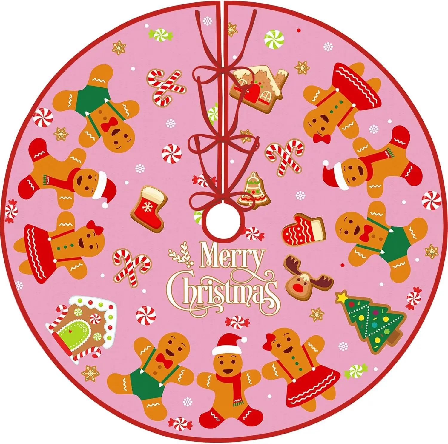 Feliz árbol de Navidad falda hombre de jengibre estera de árbol de Navidad rosa con lindos copos de nieve de bastón de caramelo