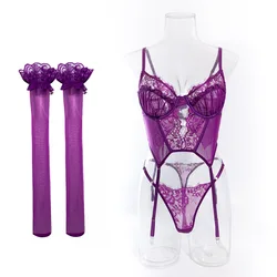 Sexy Purple Lace Exotic Apparel Suit with Fishbone Women's Suspender Vest Bra Top Thin Mesh Patchwork Lingerie Set with Stocking