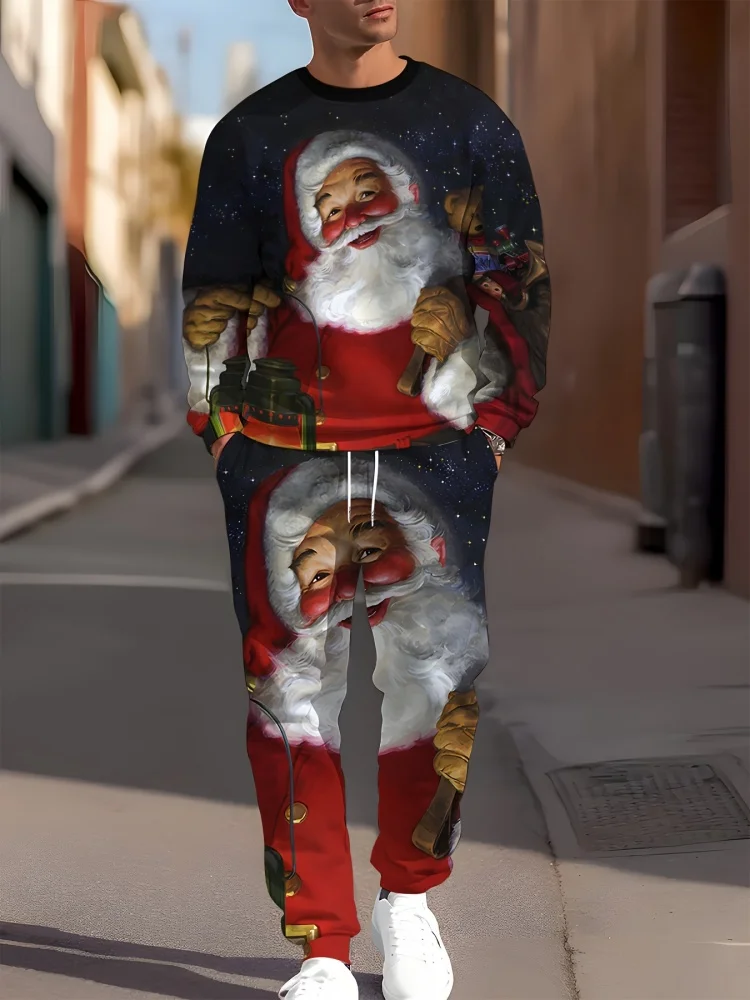 Men's Christmas Print Two-Piece Set Casual Crew Neck Long Sleeve Shirt With Waistband Pants Plus Size Loose-Fit Two-Piece Set