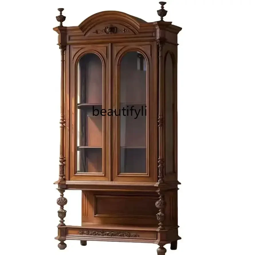 

Medieval solid wood bookcase, retro carved arched storage cabinet, French glass double door storage wine cabinet