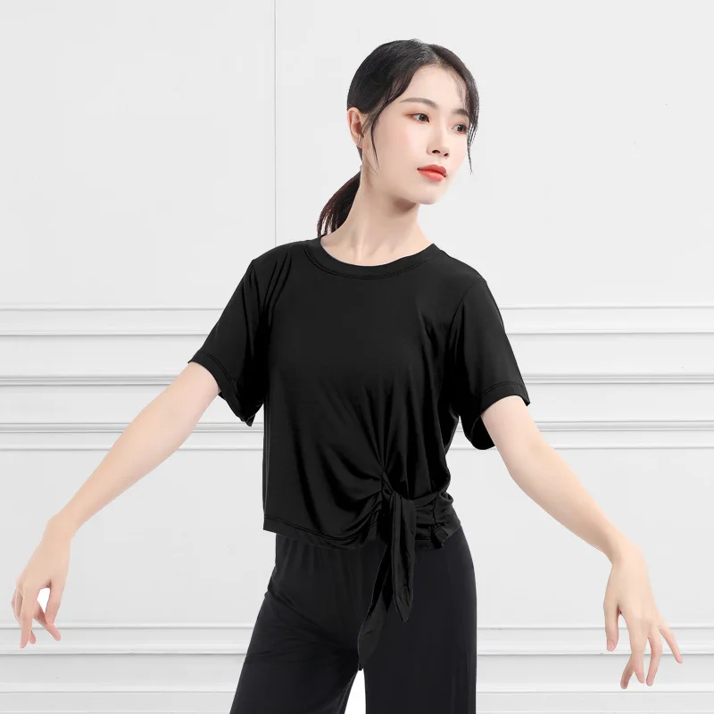 New loose fitting dance training suit for women's short sleeved body training clothing, modern dance top with side lace up shirt