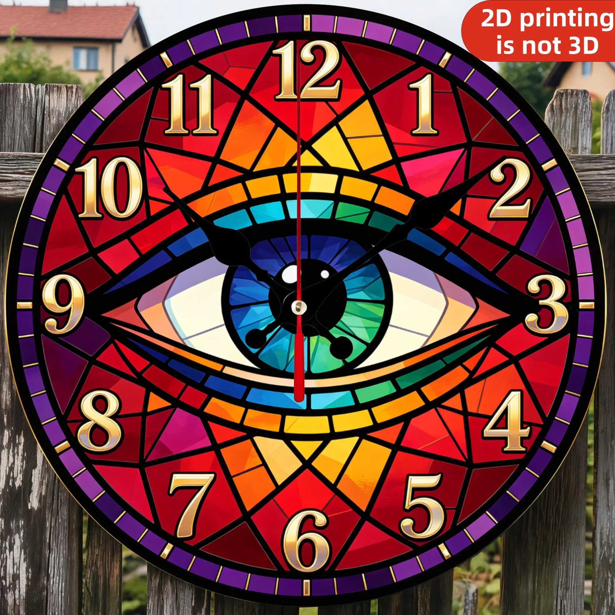 Stained Glass Rainbow All Seeing Eye Wooden Wall Clock, 10/12 Inch Round Wood Clock, Silent Non Ticking Quartz Movement, Colorful Mosaic Prism Pattern Printed Home Decor