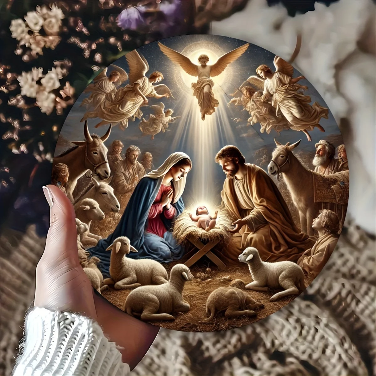 Nativity Scene Aluminum Foil Engraving Suncatcher - Round Christmas Decorative Wall Hanging for Home, Porch, Window Display - Re