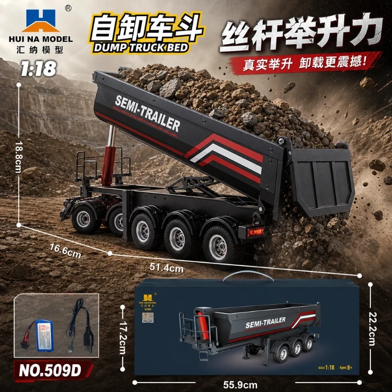 Huina 1/18 1509  RC Semi Dump Trailer Electric Lifting for 1501 RC Tractor Truck, Tail Light Support Leg Hobby Model No Sound