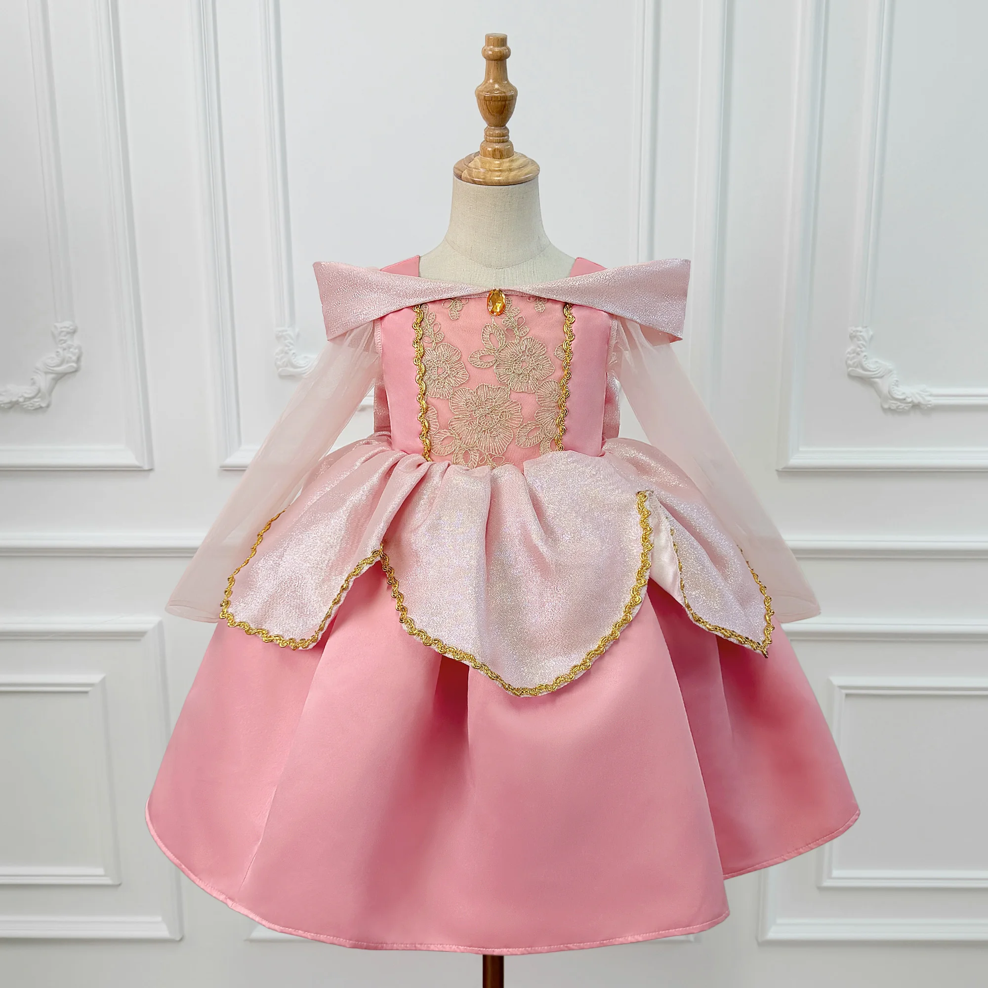 Girls' Princess Aurora-style performance dress spaghetti-strap tulle-layered Sleeping Beauty gown