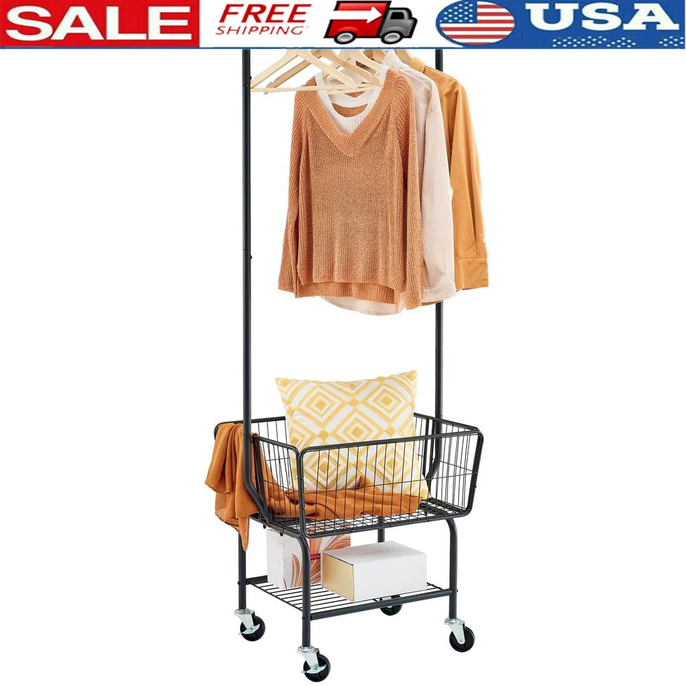 Portable Laundry Cart Hanging Rack Hamper Sorter Basket Cart with Wheels Shelf Storage Organizer