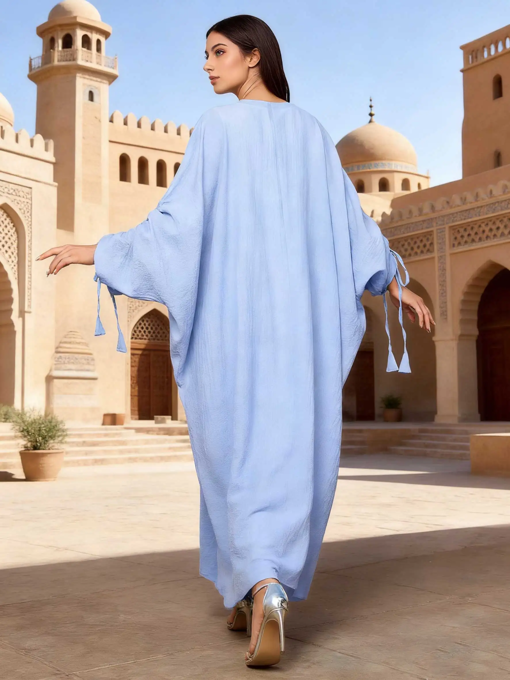 Stylish Light Blue Open-Front Abaya Ruched Drawstring Sleeves Women Muslim Moroccan Kaftan Ramadan Jalabiya Islam Dubai Arabic