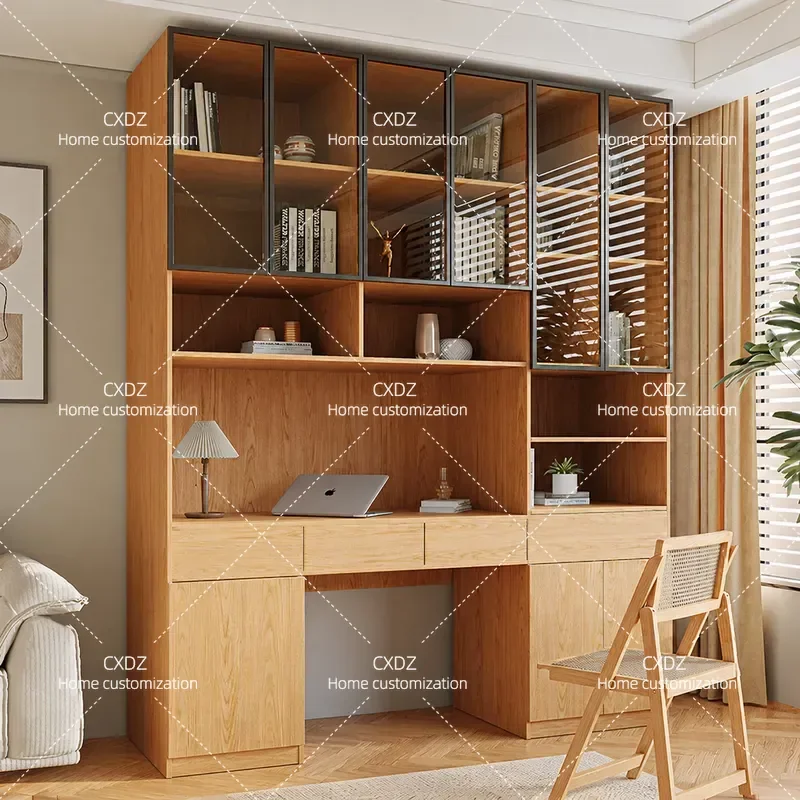 Oak Solid Wood Thickened Desk with Glass Door Integrated Drawers Bookcase for Office Study