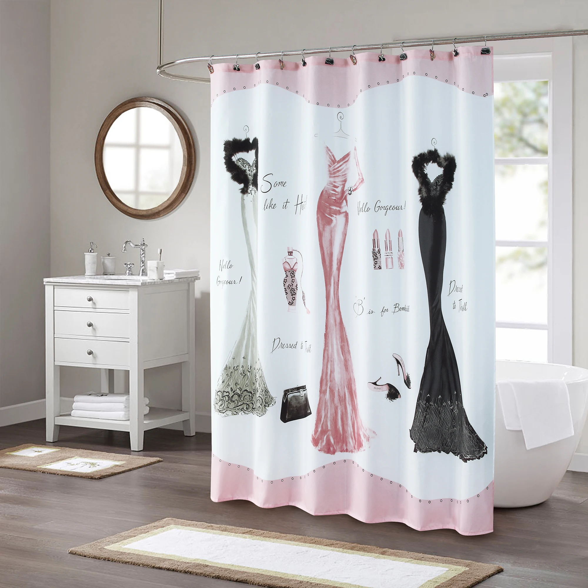 Haute Pink Polyester Waterproof  White  Fabric Fresh Printed Decorative Modern Shower Curtain