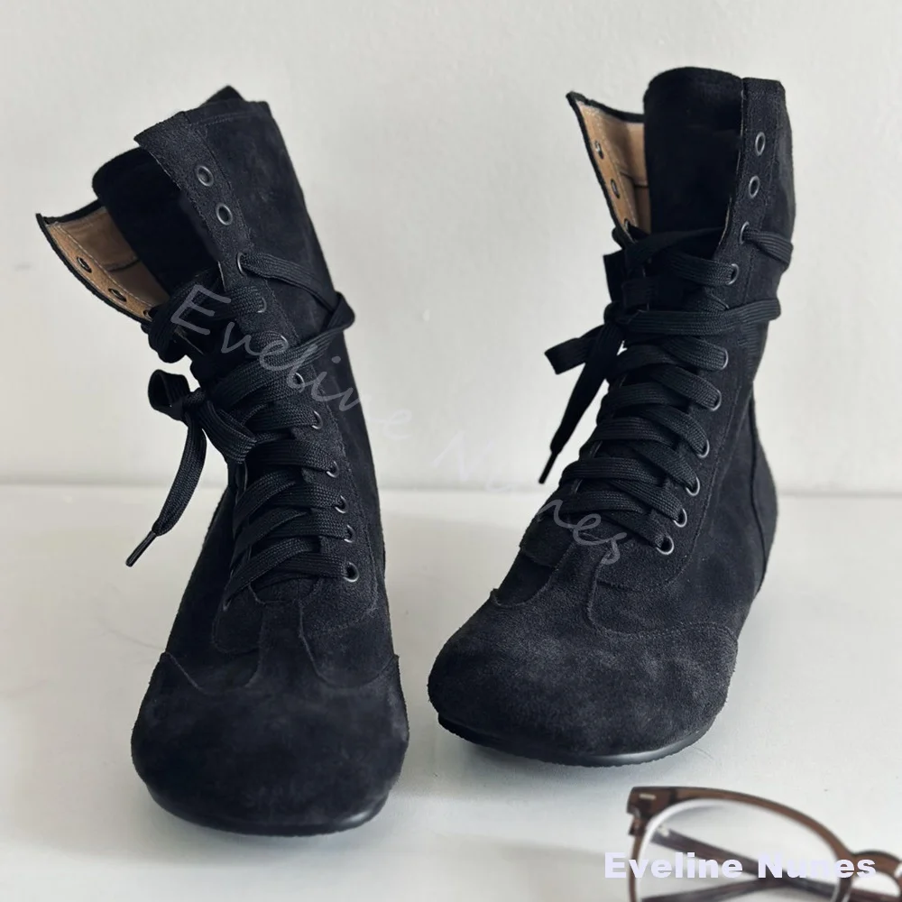 Canvas-Schnürstiefel für Herren, Unisex, Retro-Stil, runde Zehenpartie, flache Schnürstiefel, High-Top-Denim-Stiefel, neue einfache Pendler- und Wanderstiefel