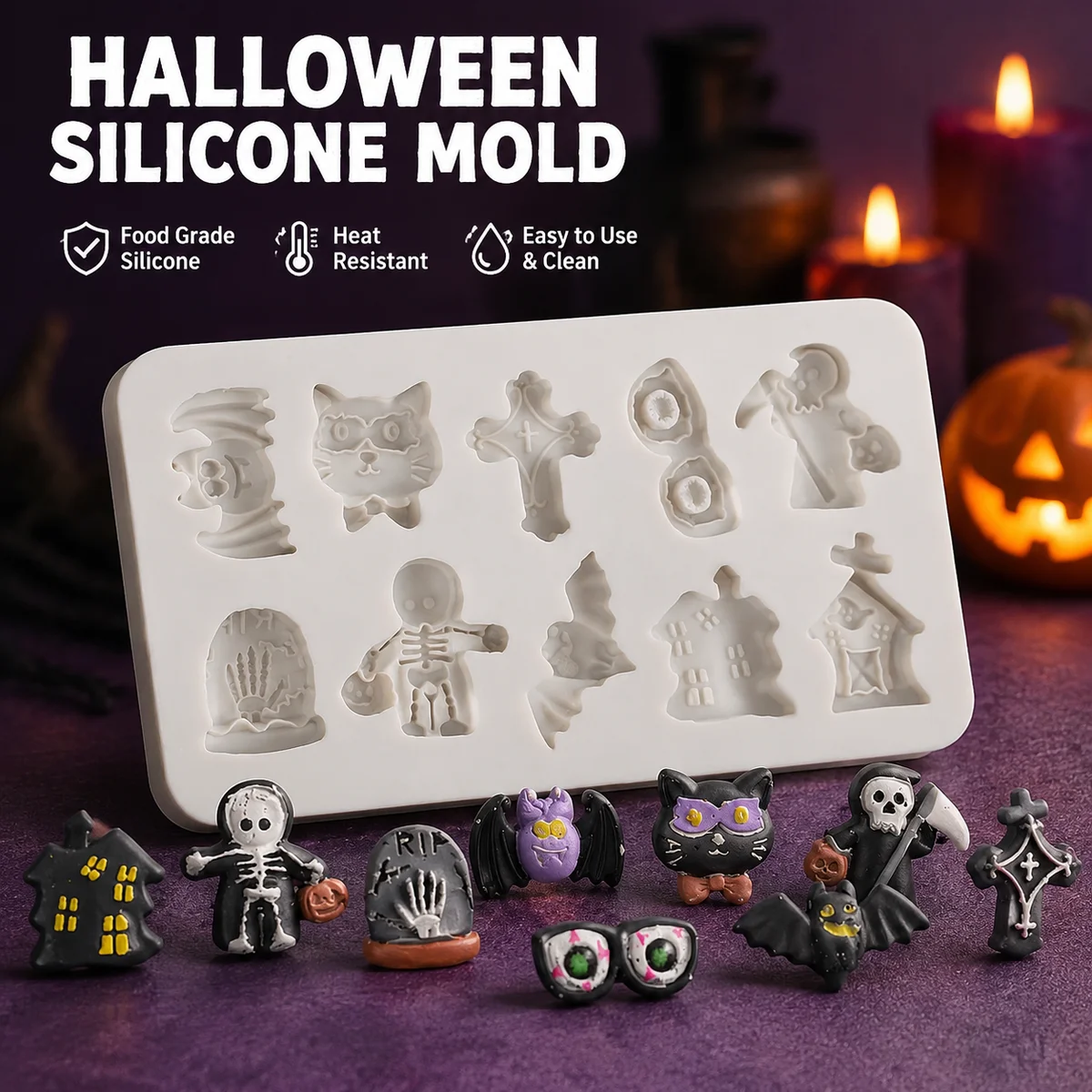 Halloween Silicone Mold 10-Cavity Fondant Chocolate Cake Decor Mold for Cupcake Toppers DIY Crafts