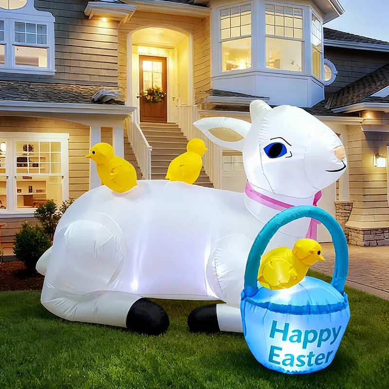 Inflatables Easter Squatting Rabbit with Chick Basket Decoration Cute Bunny Blow Up Toys Easter Outdoor Yard Garden Party Decor