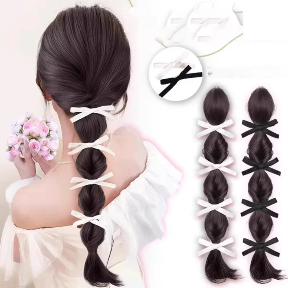 Female Elegant Bow Bubble Ponytail Synthetic Wig Side Sweet Simulation Hair Head Accessories（with clips）