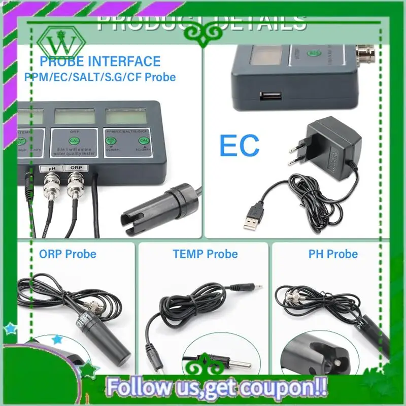 

Reliable-8-In-1 Rechargeable Water Quality Tester Tool S.G PH EC Salt ORP TDS CF Temp Multi Parameter Test For Aquarium