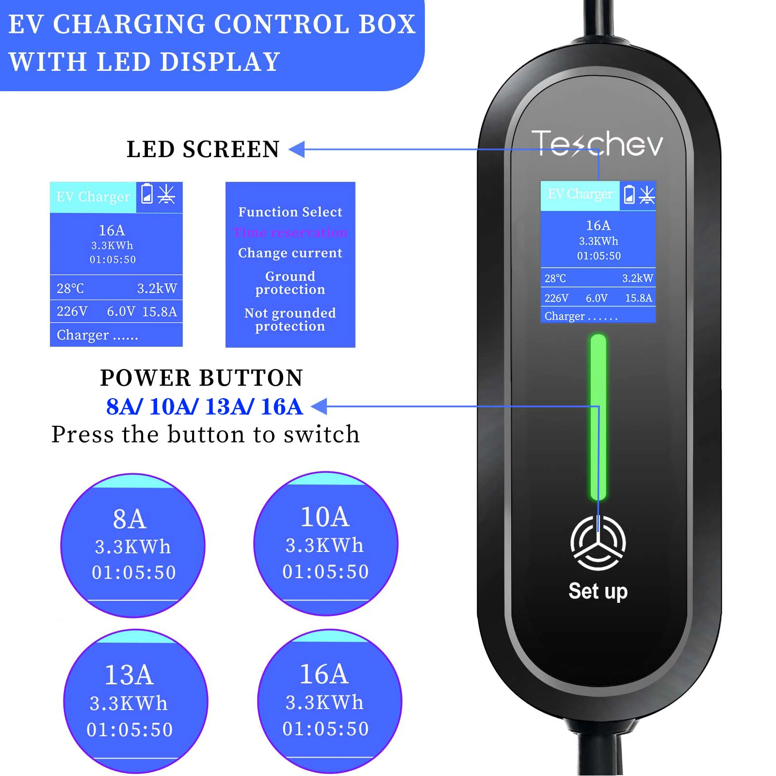 Teschev 220V 230V J1772 Type1 EV Charger 3.5kW Type2 Portable Charging Cable 16A EVSE GBT Charging Station For Electric Vehicles