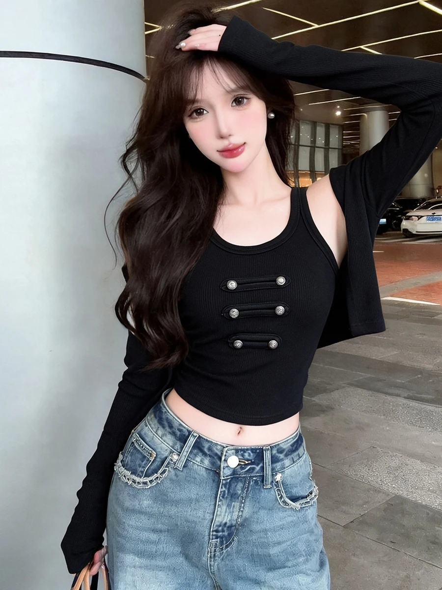 Slim Fit Korean Style Vest Top Long Sleeve Double Button Short Cardigan Shoulder Shawl Set for Women Straight Body Type