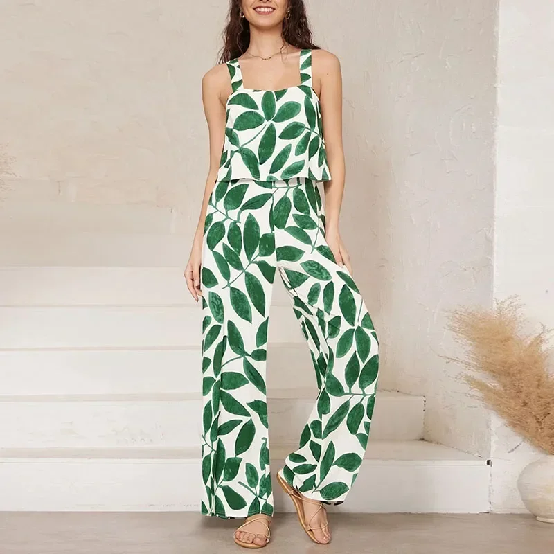 Lady Summer Commute Straight Long Pants Jumpsuits Fashion Printing Sleeveless Elastic Waist Sling Trousers Female Party Rompers