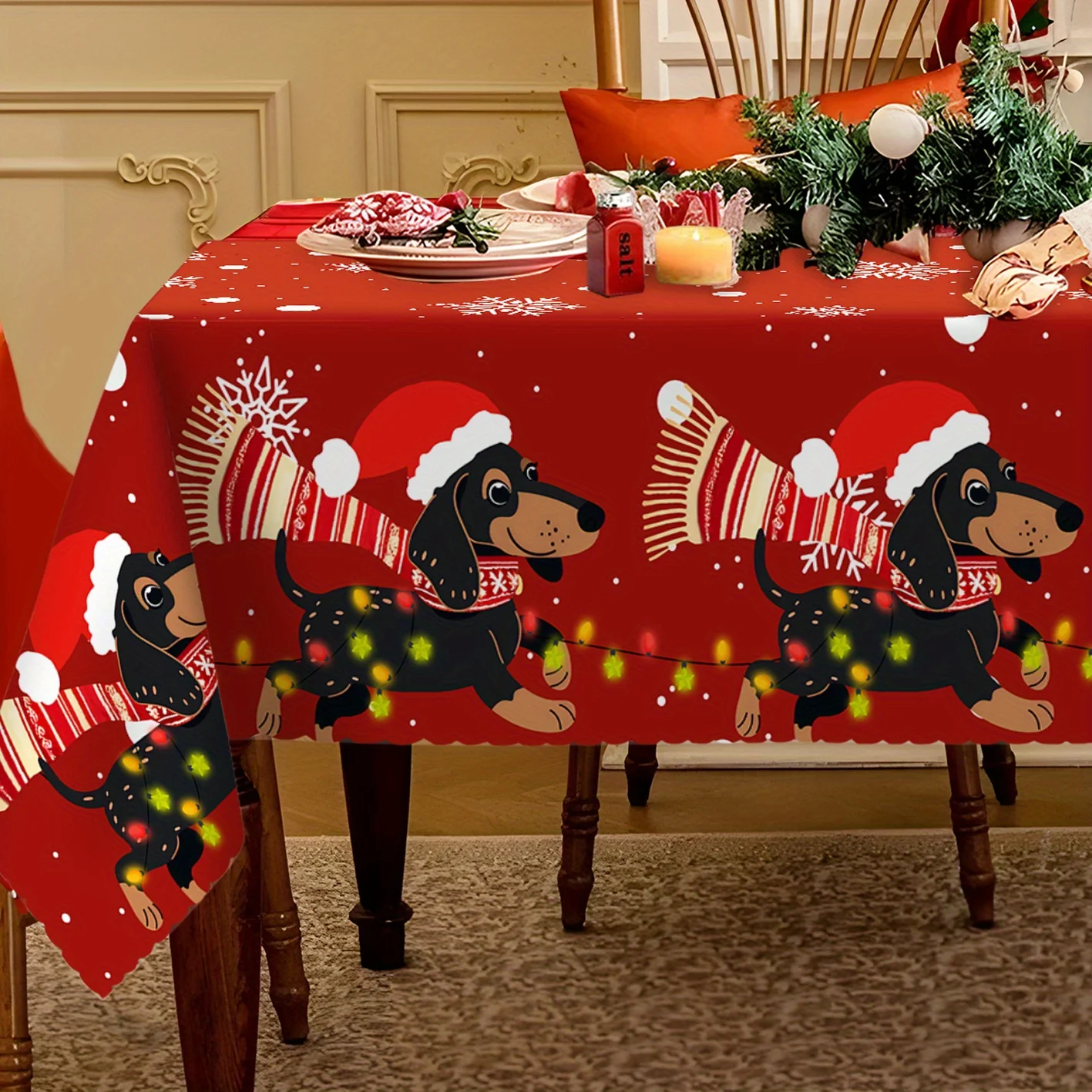 One polyester sausage dog-themed Christmas happy tablecloth, with bright festive decorations