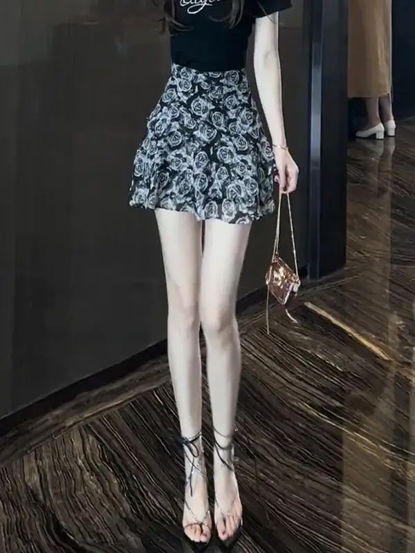 Women Floral Print Chiffon Mini Skirt High Waist Ruffle Layered A Line Short Skirt Casual Ladies Bottoms
