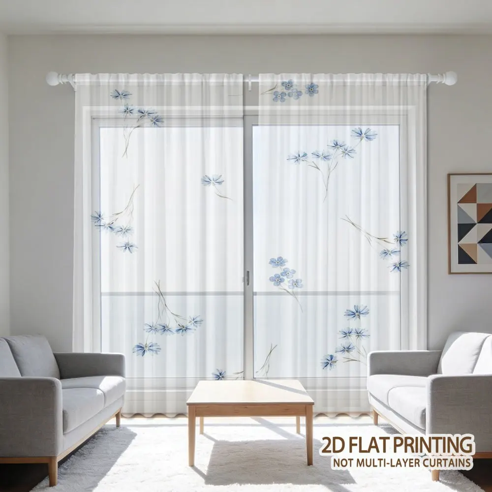

2pcs 2D FLAT Blue Flowers On White Background Sheer Curtains, Washable Window Drapes, with Rod Pocket Easy to Install