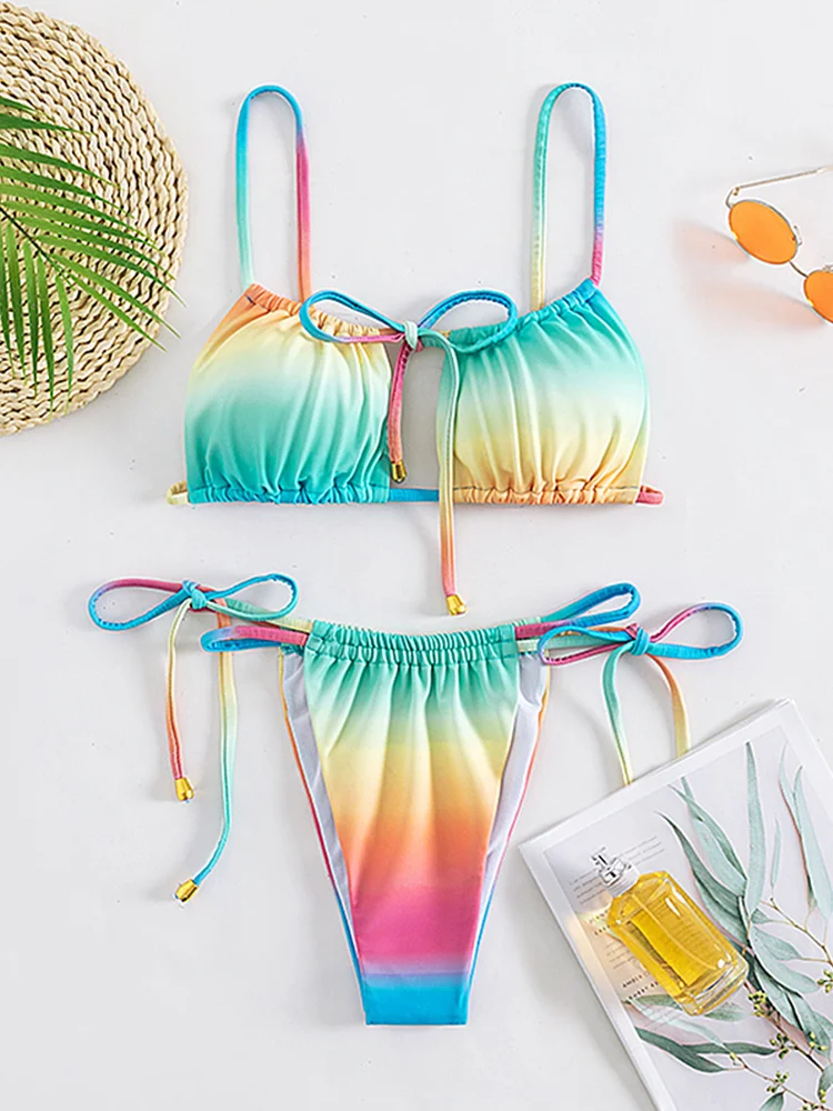 Pleated Bikini Micro Thongs Swimsuit Women'S 2024 Tie Dye Rainbow Color Bathing Suits Cut Out Swimwear Bandage Biquini Beachwear