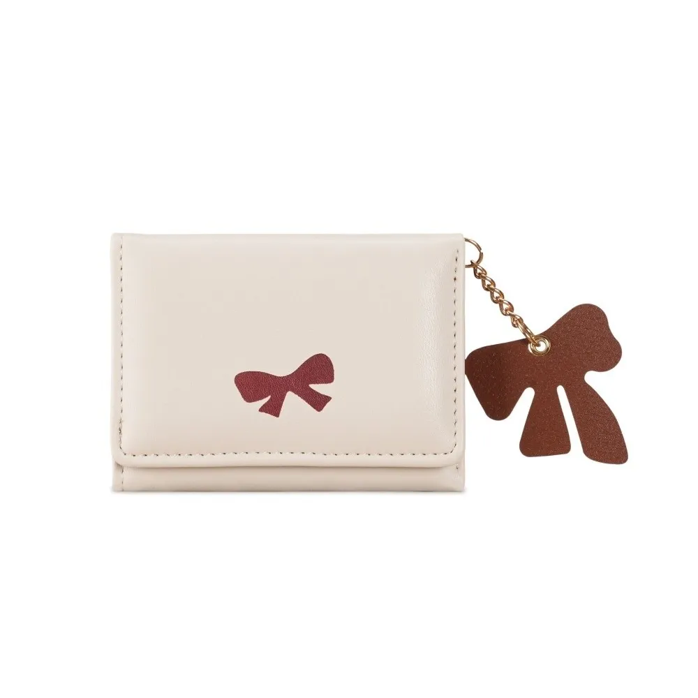 Portable Bow Card Holder Wallet Solid Color Waterproof Three Fold Purse with Bowknot Pendent PU Leather Coin Purse Gifts