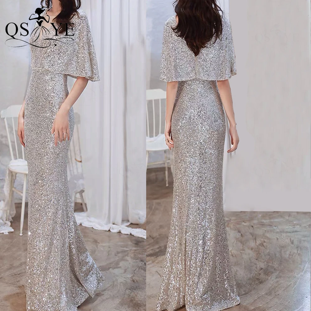 Batwing Sleeved Silver Evening Dresses 2023 Mermaid Sexy V Neck Cheap Gown Prom Glitter Elegant Short Sleeves Long Party Dress