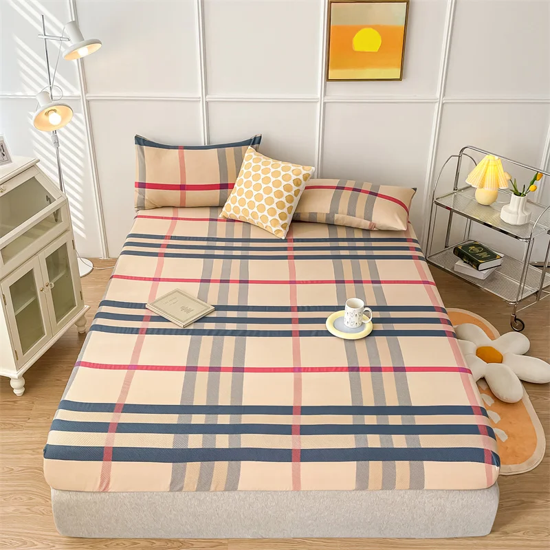 Khaki Plaid Fitted Sheet Set Modern Soft Grid Bedding Sheet Elastic Deep Pocket Checkered Mattress Cover for Boy Girl Men Women