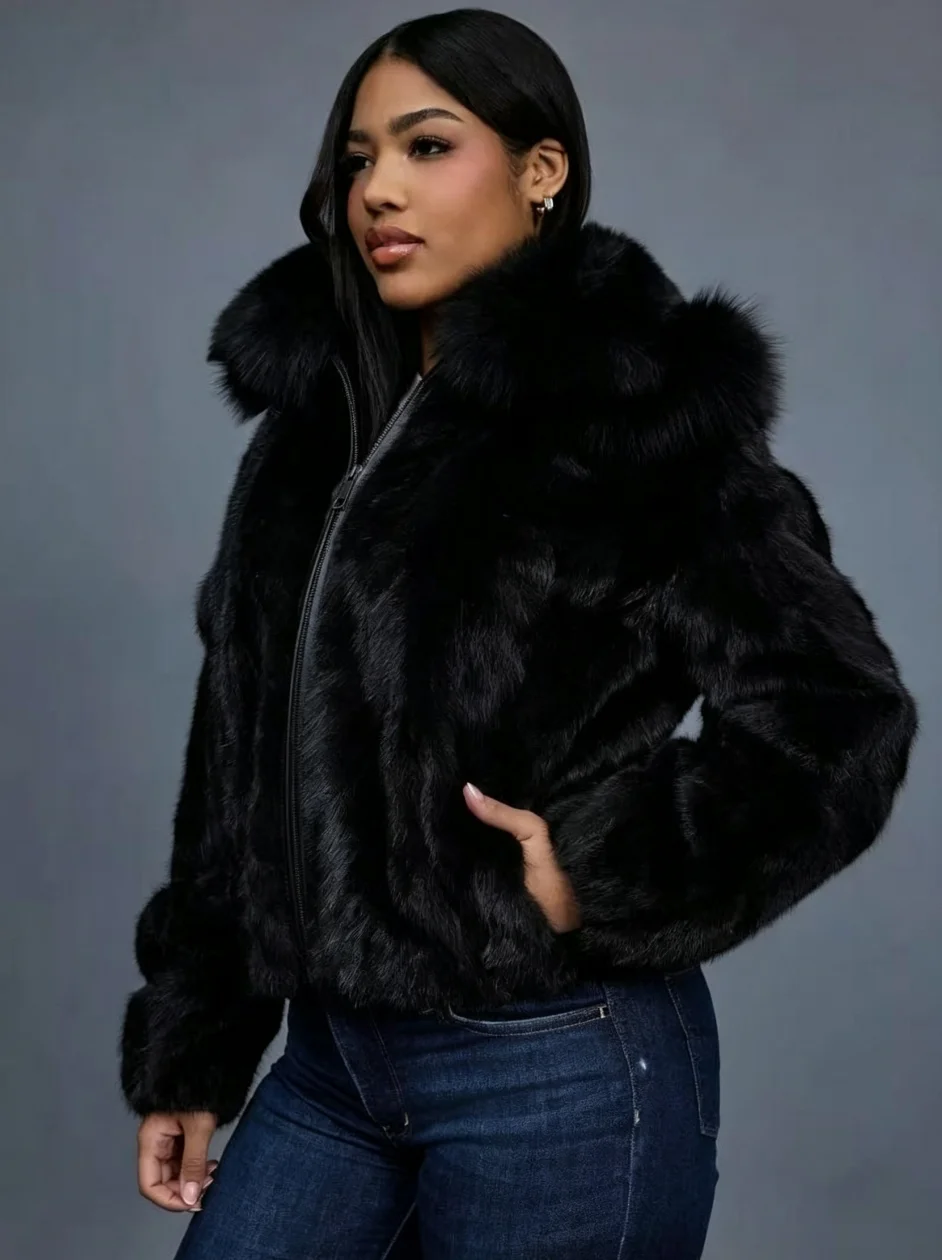 Women's mink fur jacket, hooded jacket, winter warm and fashionable