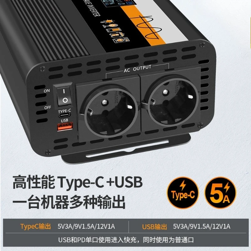 Pure Sine Wave Inverter 12v & 24v To 220v European Standard Car Power Converter 800W LCD Color Screen 95% Conversion Efficiency