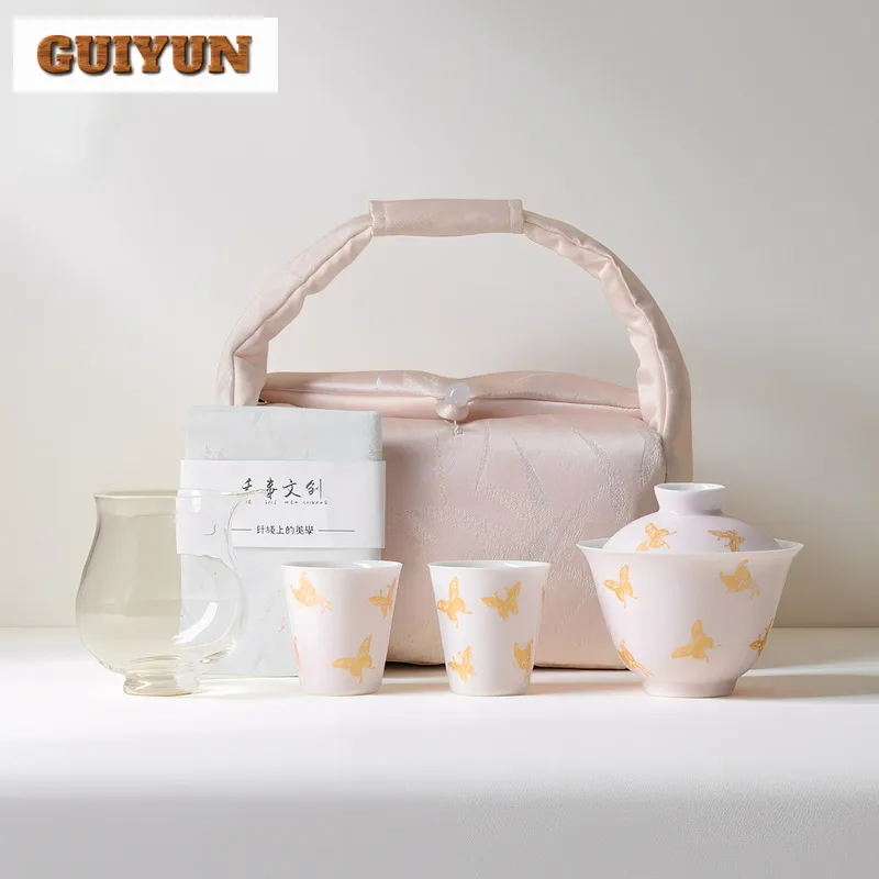 

Ручная роспись бабочка, дорожный чайный сервиз, набор ручной работы, 1 чаша, 2 чашки, органайзер для приготовления чая, портативные пакеты для пикника, коллекция подарков