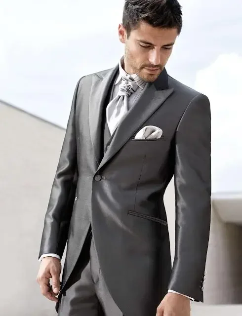 High Quality Custom Grey Satin Elegant Men Suit Formal Gentle Suits For Men Italian Tuxedo Slim Fit 3 Piece Gentle Groom Blazer