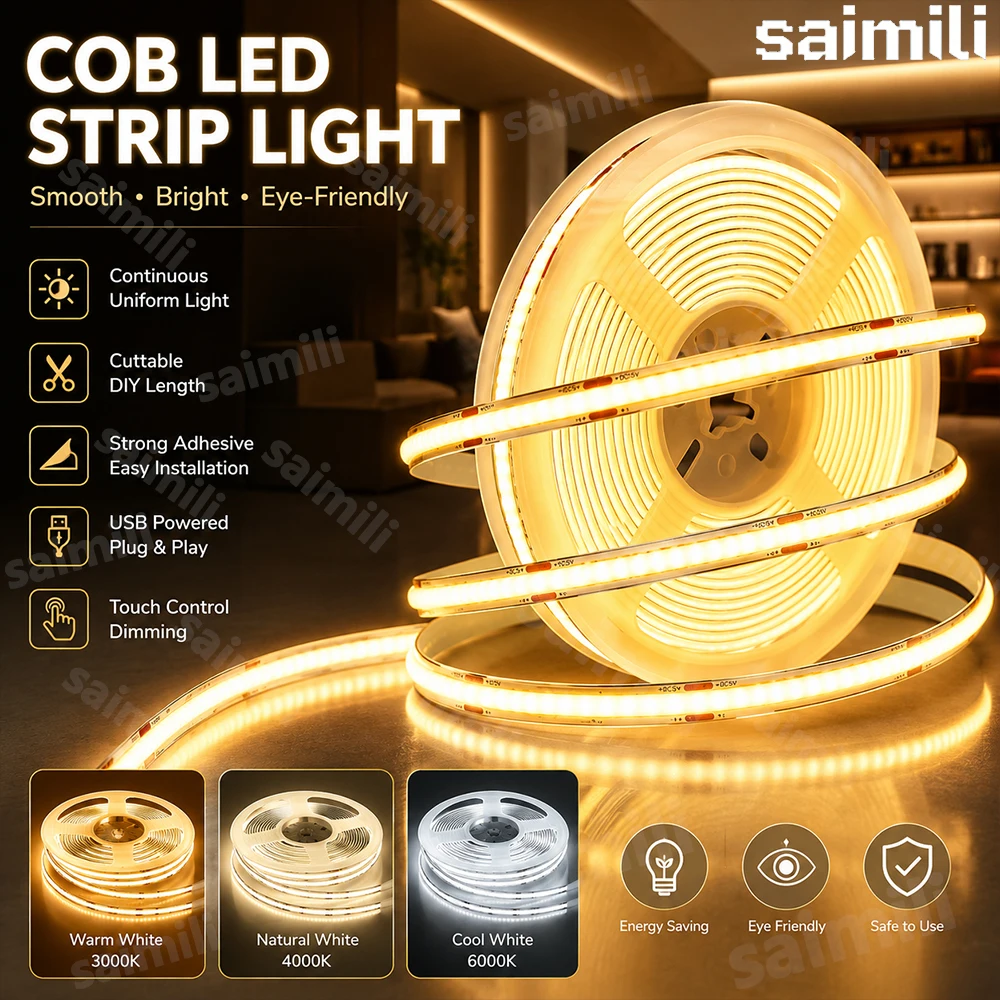 COB LED Strip 5V USB Touch Control Dimmer Dotless Linear Light Tape Self Adhesive For Wardrobe Mirror Home DIY Decor Lighting