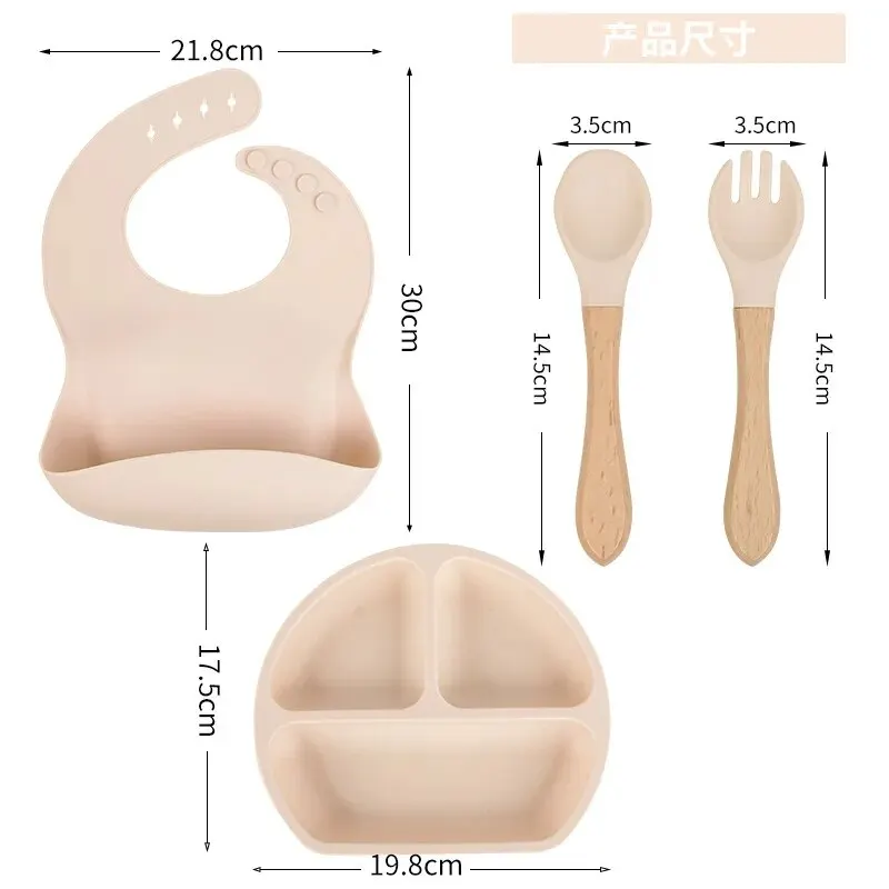 4PCS Silicone Children Tableware Baby Feeding Set Silicone Dinner Plate Wood Handle Spoon Fork Silicone Bibs BPA Free